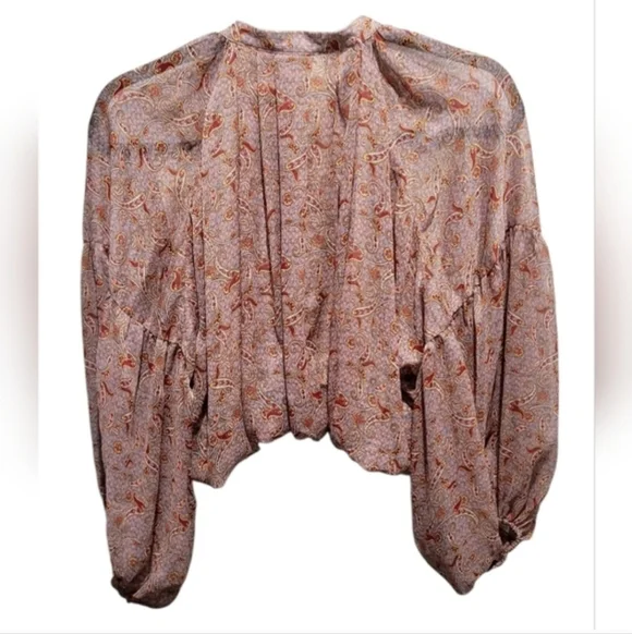 Zara Sheer Paisley Blouse Medium Boho Balloon Sleeve Button Front Top - Picture 2 of 10
